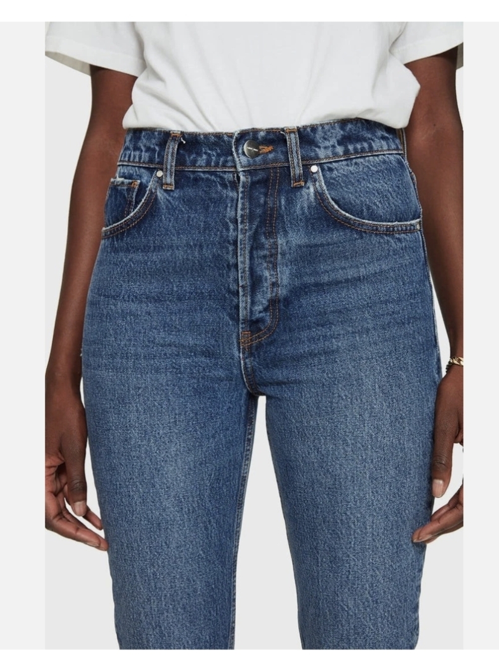 ANINE BING Denim Sonya Jeans Button Fly Mid Indigo Size 31 Straight Distres